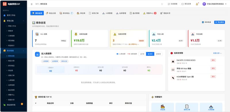 电脑掌柜ERP库存总览真实界面